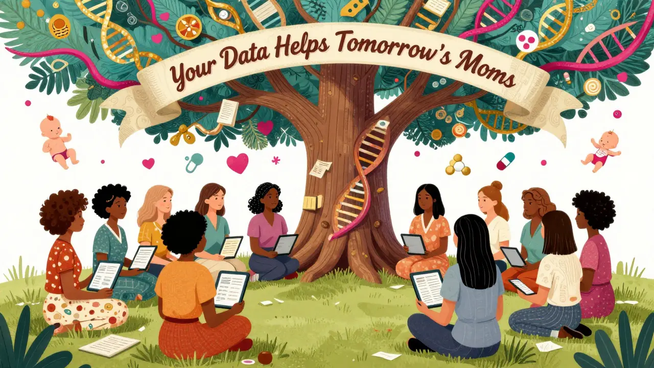 Diverse women in a circle under a tree made of medical data, with floating baby and drug icons.