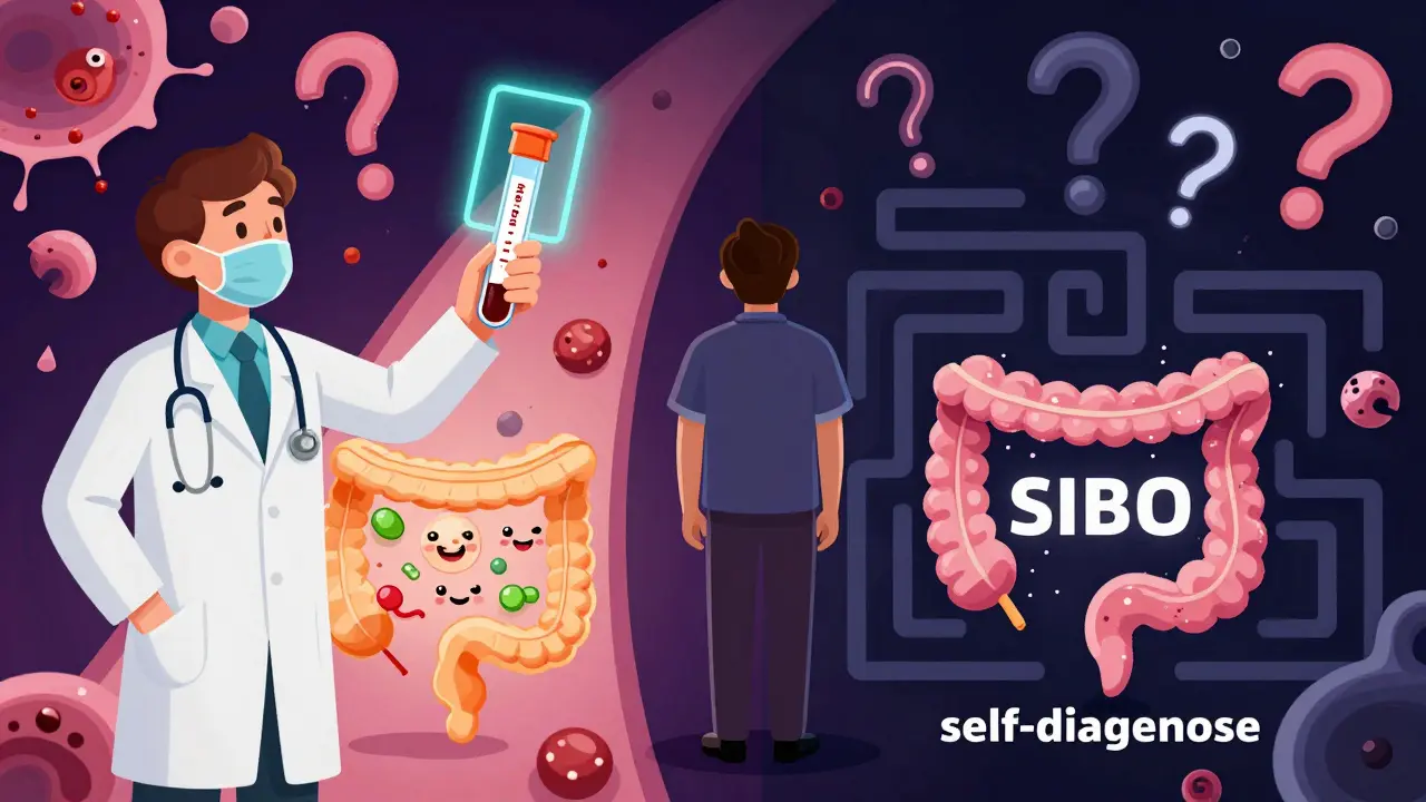 Doctor holding test tube as patient faces two paths to health or confusion, surrounded by floating food symbols.