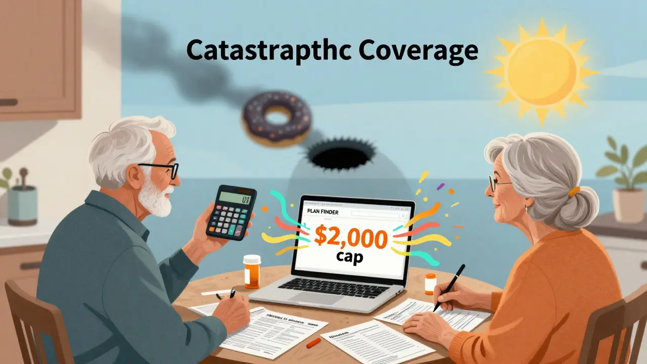 Elderly couple at kitchen table with medical bills and Medicare Plan Finder screen glowing with ,000 cap