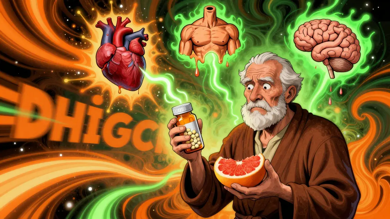 Elderly man with pill bottle and grapefruit, floating medical danger symbols in psychedelic style.