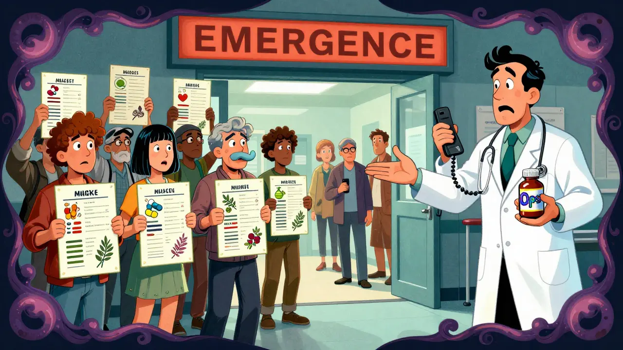 Emergency room scene with patients presenting medication lists while doctors react in confusion, one holding a garlic supplement.