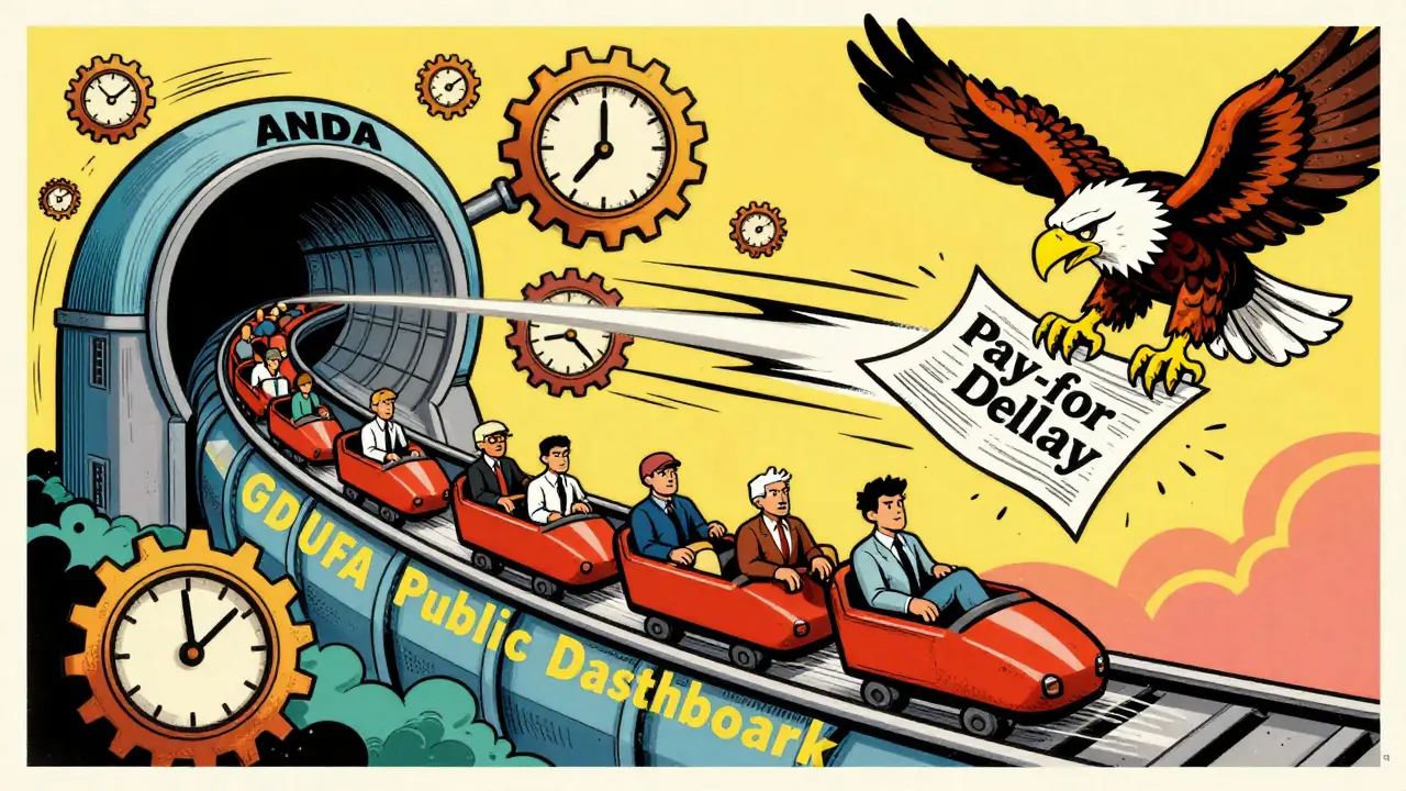 FDA approval rollercoaster with FTC eagle smashing a pay-for-delay contract, all in 1960s poster style.