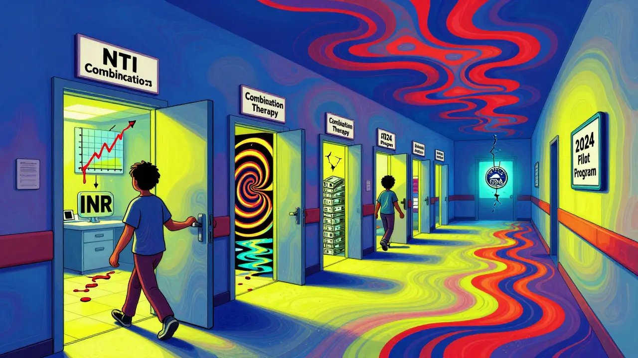 Hospital hallway with doors revealing chaos from NTI drug combinations, ending in a faint FDA pilot program sign.