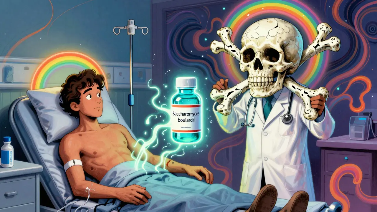 Hospital scene with probiotic bottle emitting tendrils toward an IV line, surrounded by psychedelic warning symbols and rainbow light.