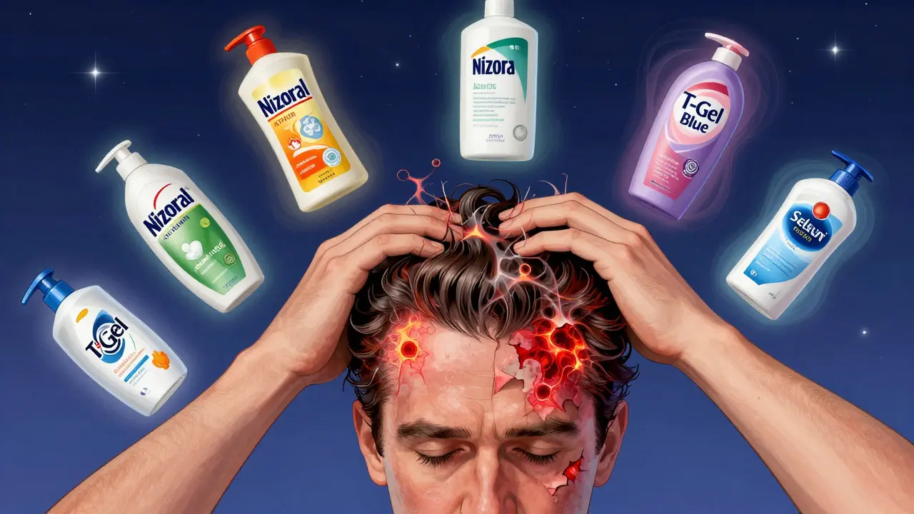 Man applying medicated shampoo as glowing bottles float around his fractal scalp