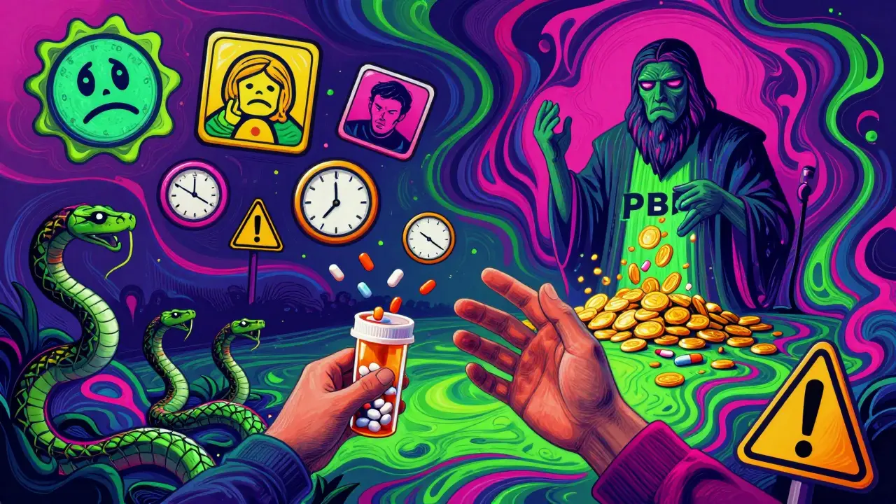 Patient's hand reaching for pills that transform into warning symbols, with corporate logo looming in psychedelic style.