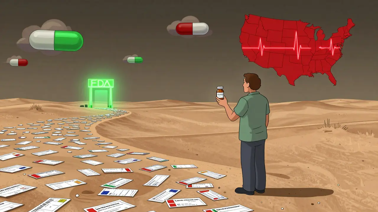 Patient holding a small pill bottle in a desert of prescription labels, glowing U.S. shortage map on horizon.