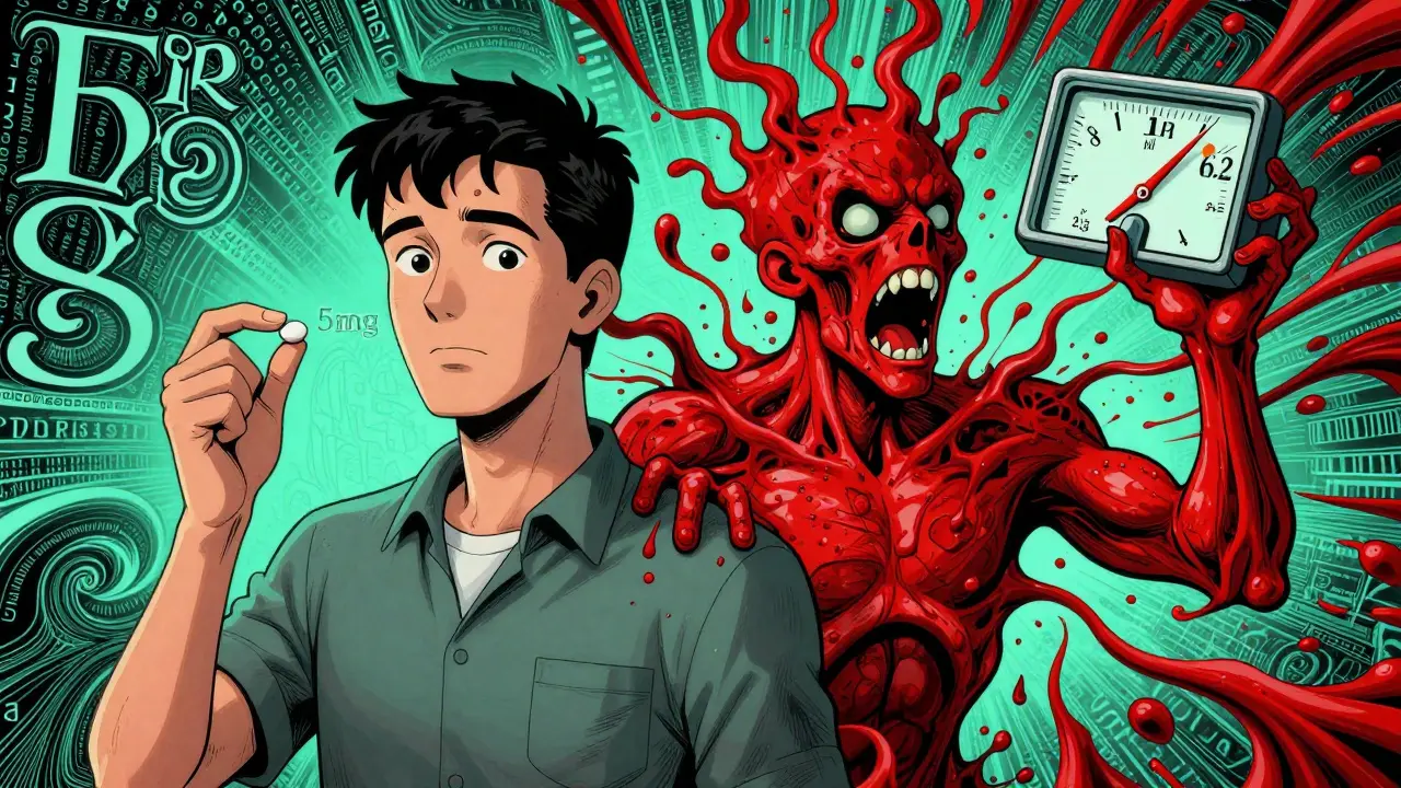 Patient split between stable therapy and dangerous bleeding with spiked INR in vibrant psychedelic art