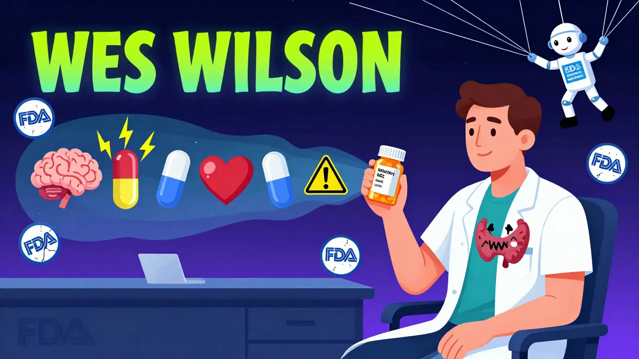 Patient surrounded by morphing pill shapes and medical symptoms, with a pharmacy benefit manager pulling strings.