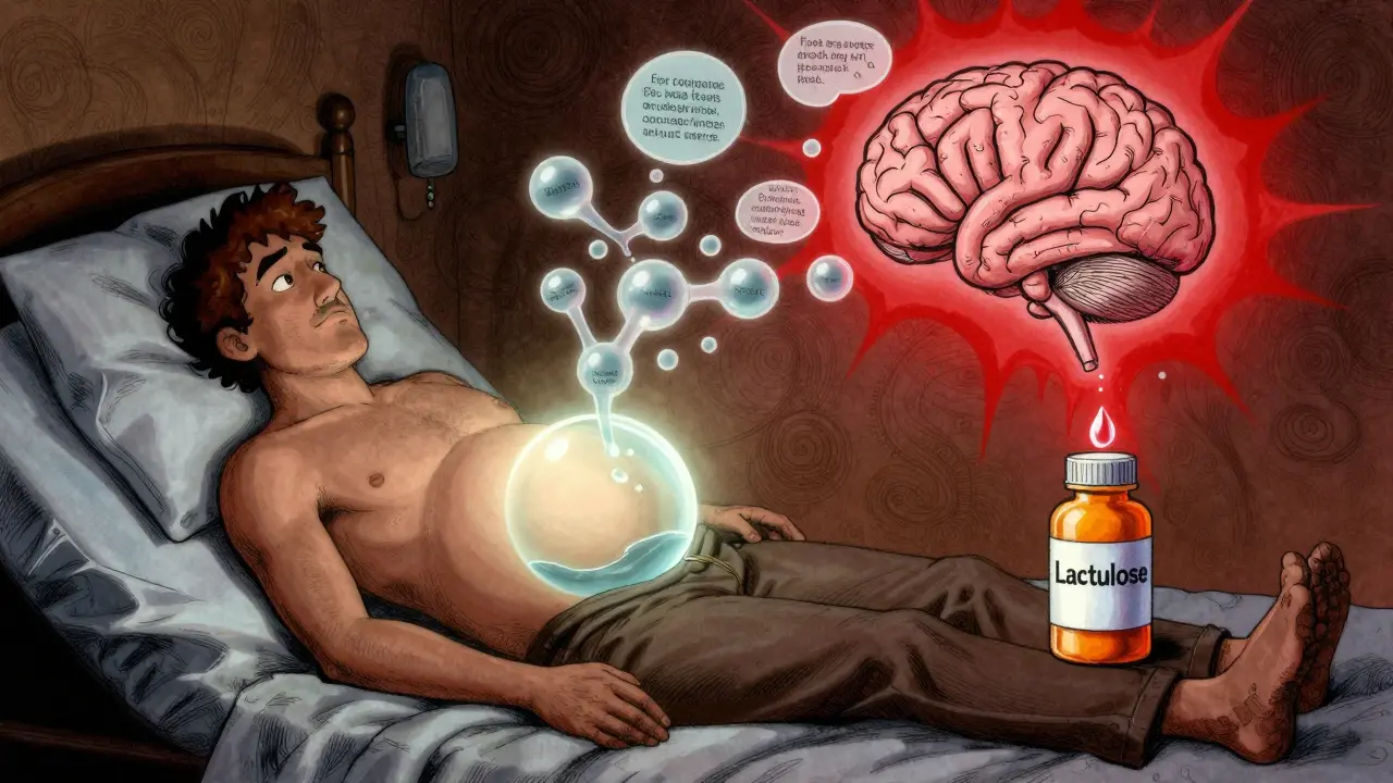 Patient with bloated abdomen and ammonia clouds affecting brain thoughts, with lactulose pills dripping.