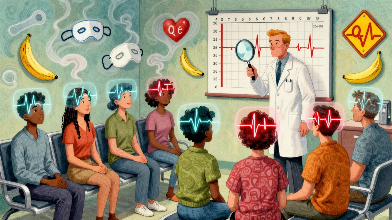 Patients in a clinic with floating ECG readouts showing normal and dangerous QT intervals, surrounded by medical symbols in vibrant psychedelic art.