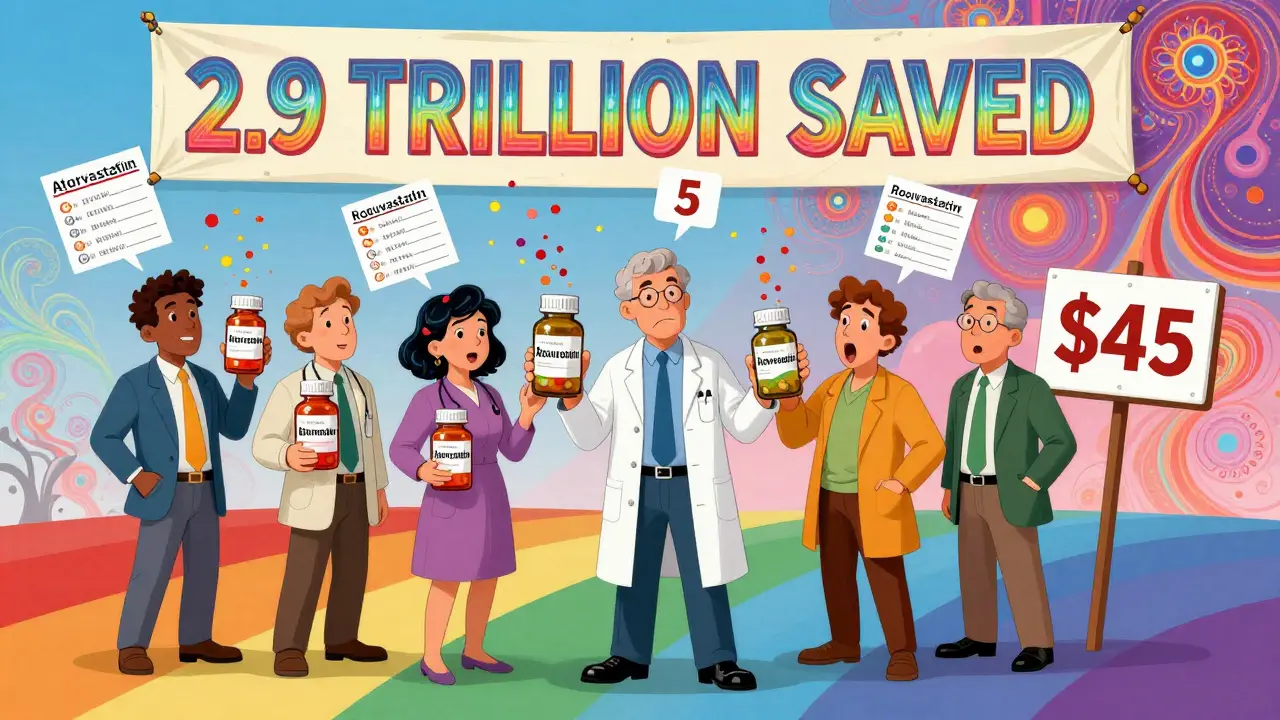People holding different generic statins in a colorful medical landscape, one pointing to a  price tag beside a  sign.