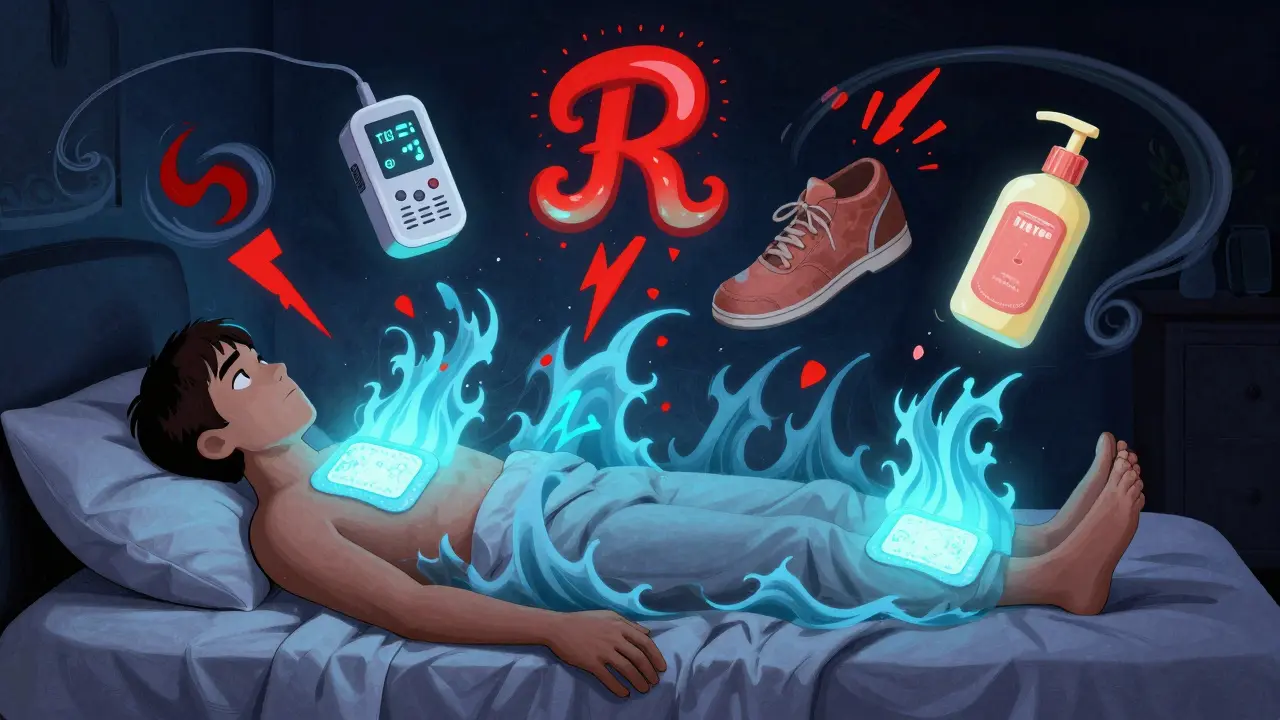 Person at night with lidocaine patches on feet, calming blue waves dissolving pain symbols, surrounded by health icons.