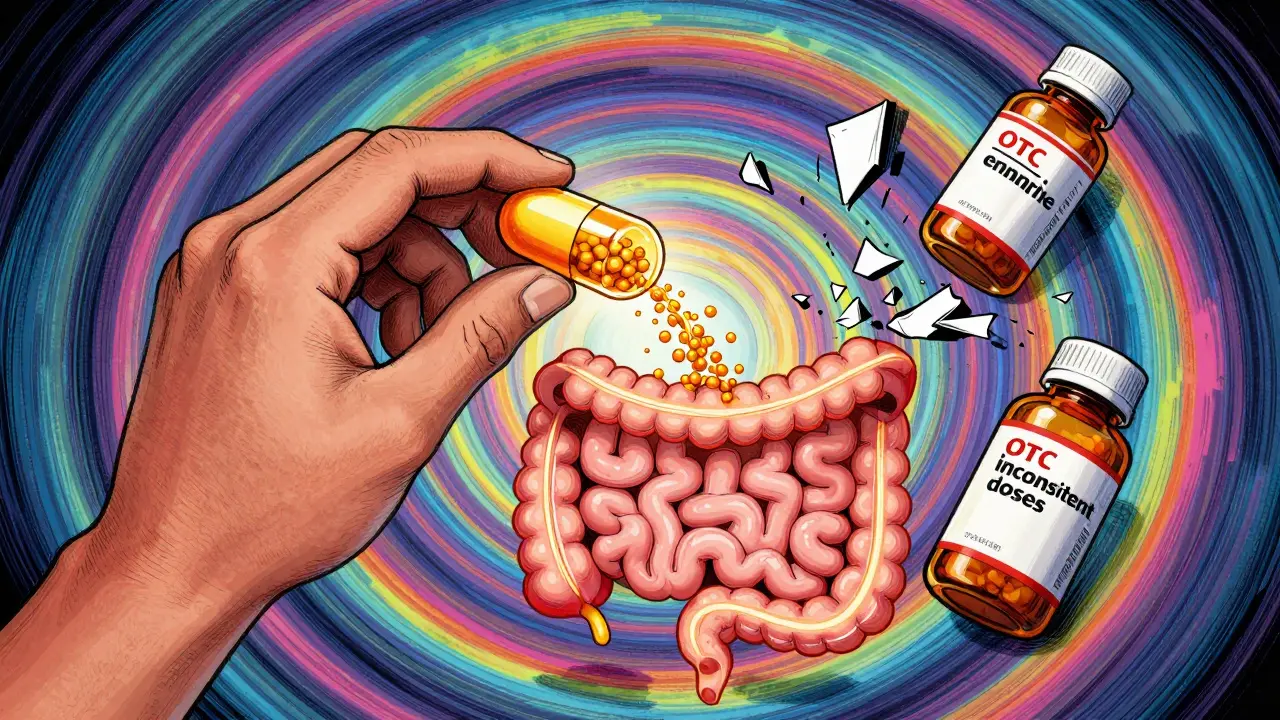 Person taking prescription enzyme capsule as OTC bottles break, with glowing digestive tract in vibrant style.