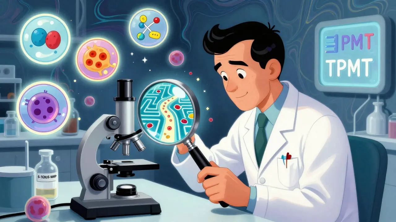 Pharmacist adjusting a metabolic dial while blood cells flow safely through a glowing maze.