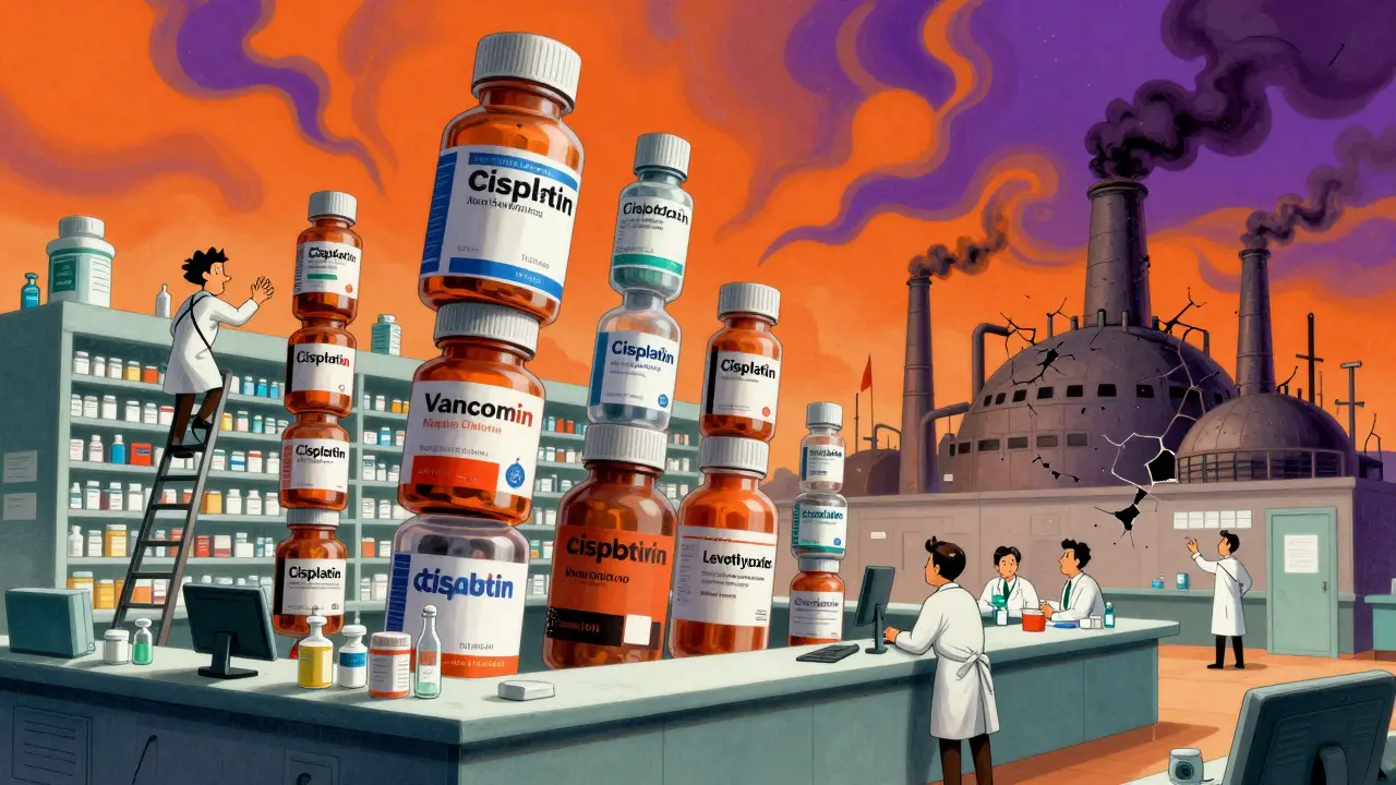 Pharmacy counter with towering medicine bottles, pharmacists scrambling, factory in background cracking.