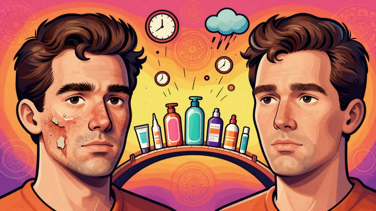 Split-face illustration showing seborrheic dermatitis treatment before and after