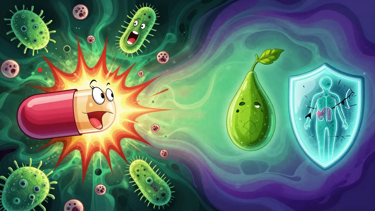 Split scene: chaotic probiotic explosion vs. calm single-strain microbe beside postbiotic leaf, symbolizing risk and safety.