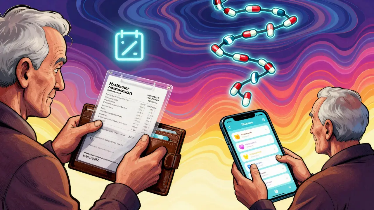 Split scene: elderly person with printed list in wallet, digital app and blockchain pills glowing above in psychedelic art style.