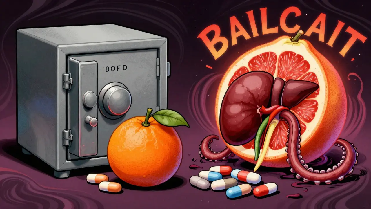 Split scene: safe orange vs dangerous grapefruit with toxic tentacles around organs in retro style.