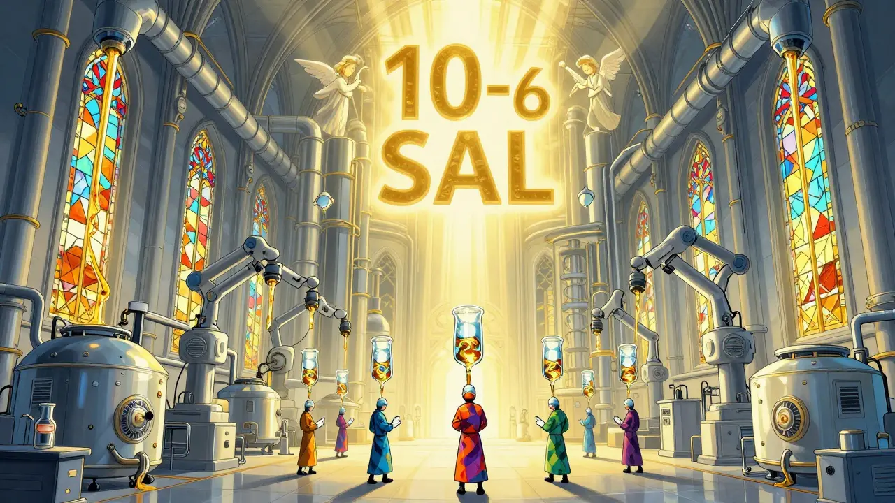 Sterile manufacturing facility shaped like a cathedral with glowing pipes and robotic arms.