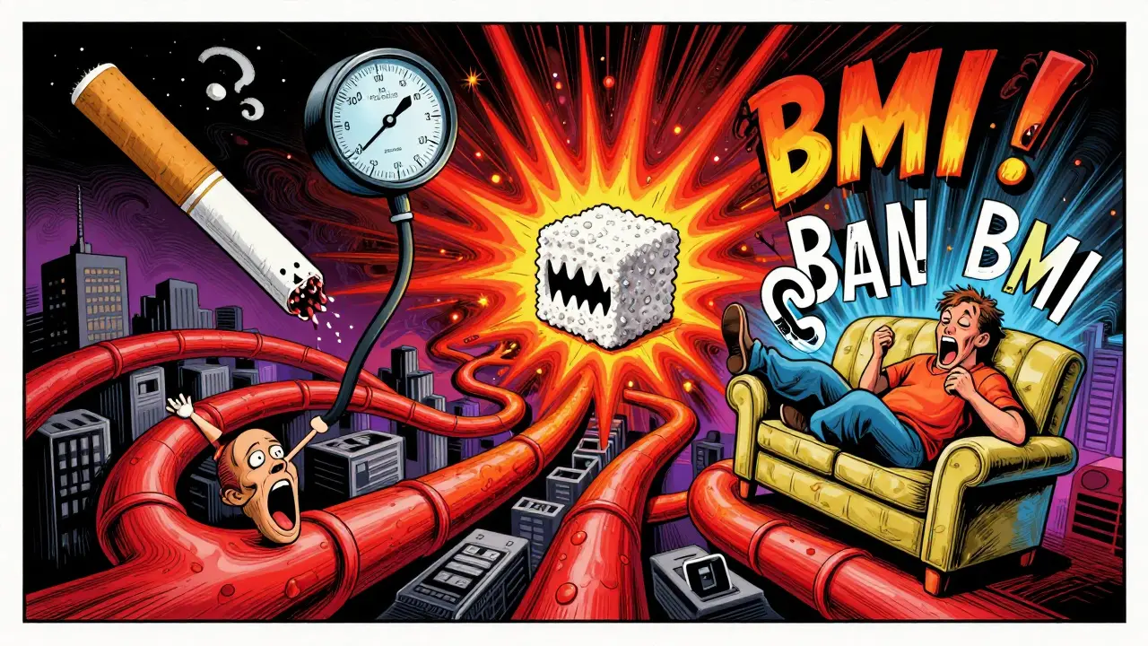 Surreal floating risk factors warping arterial tunnels in vibrant 1960s-style psychedelic art.