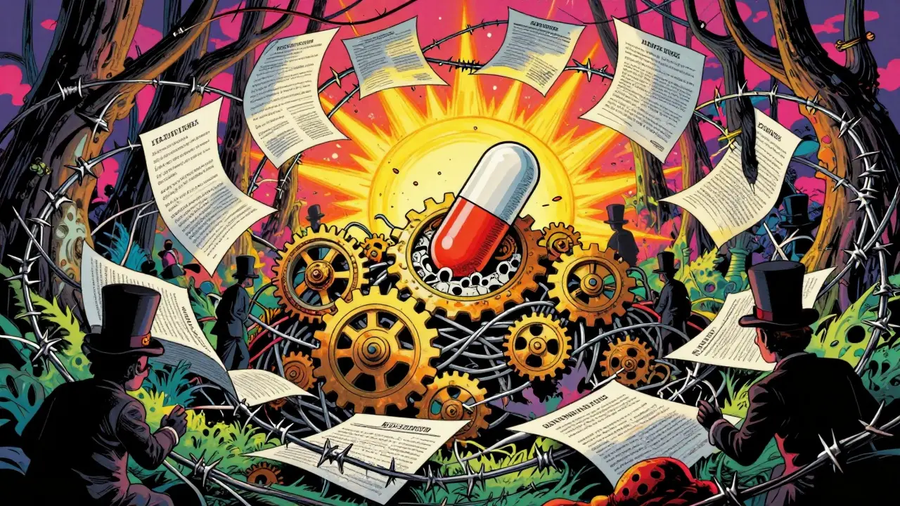 Tangled patent thicket with a breaking generic pill, corporate figures weaving legal barriers.