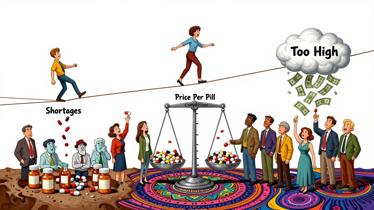 Tightrope walker balancing between drug shortages and high prices, with manufacturers feeding pills into a competition scale.