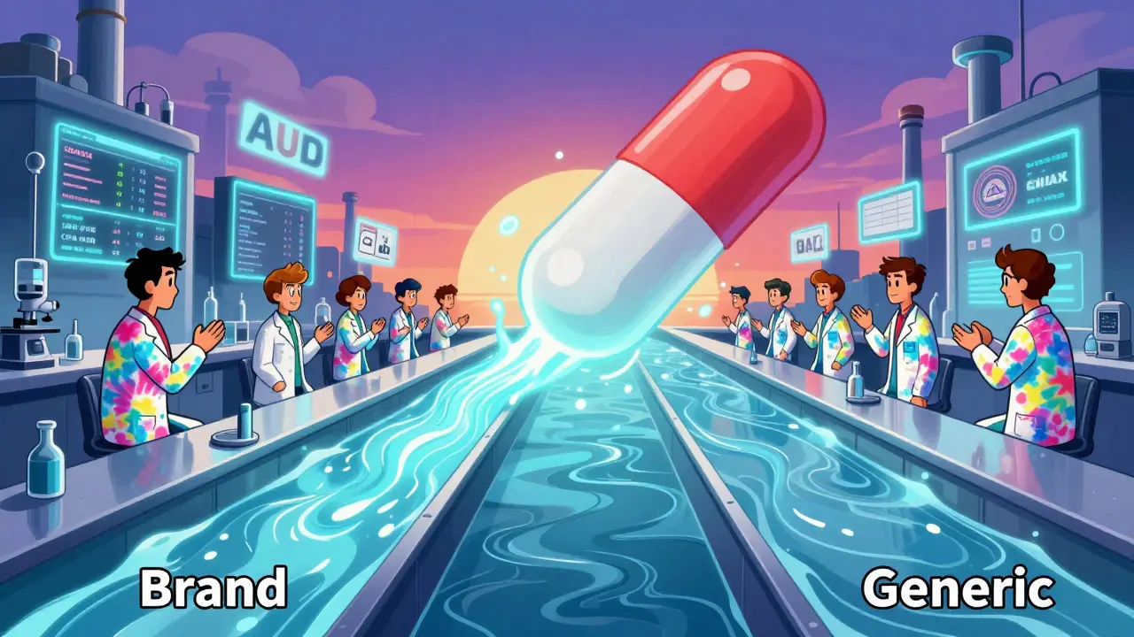 A dissolving pill splitting into two streams of liquid, representing bioequivalence testing with glowing data glyphs in a psychedelic lab.