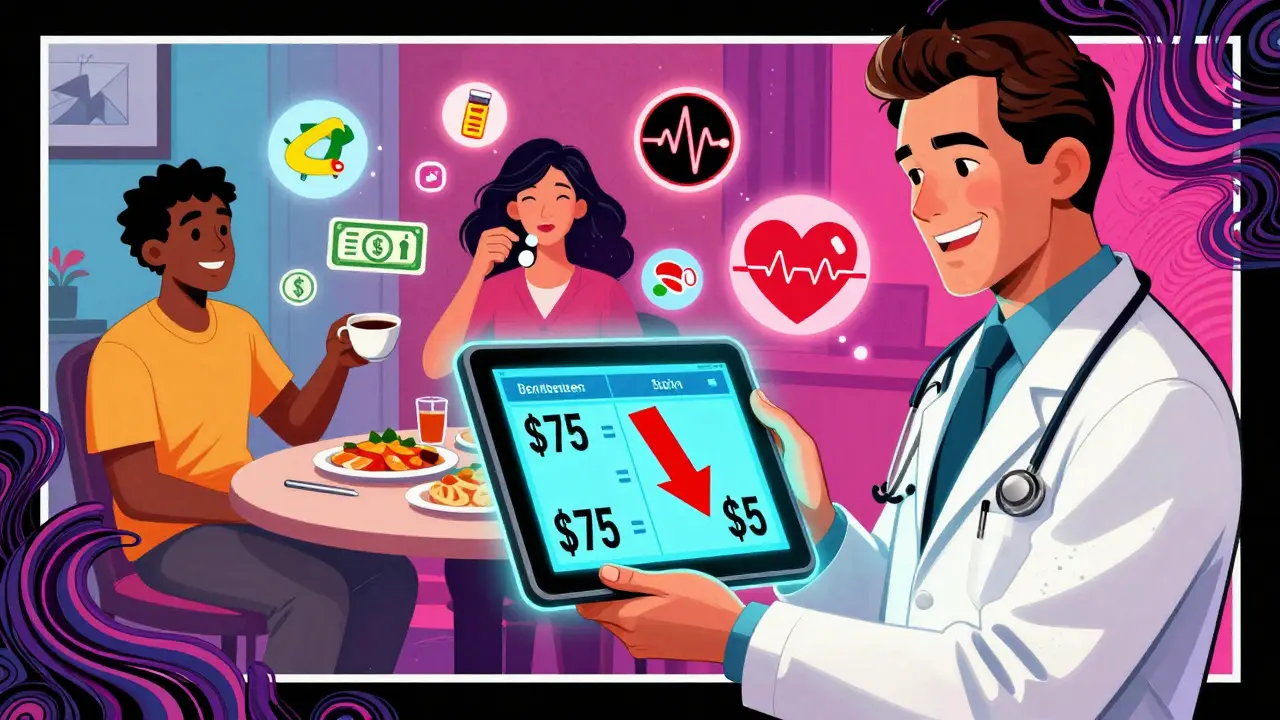 A doctor shows a real-time cost tool comparing brand and generic drug prices, with vibrant, swirling 1960s-style visuals.
