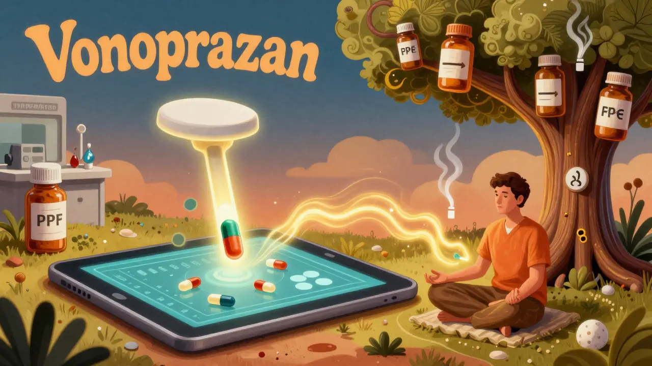 A future clinic with glowing stool test and vonoprazan energy in psychedelic art style.