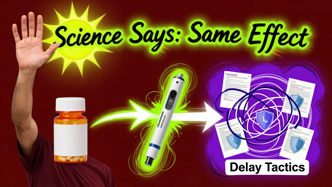 A patient choosing between generic pill, biosimilar pen, and patent barriers, with radiant text above: 'Science Says: Same Effect'.