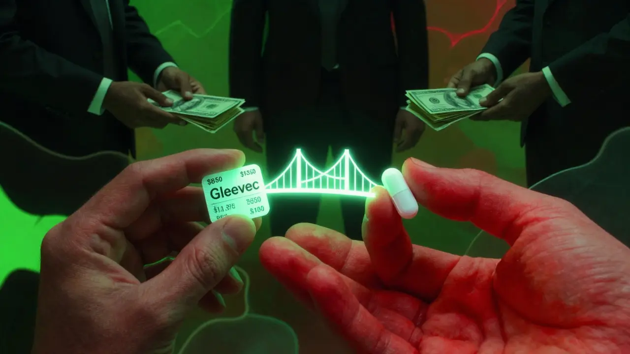 A patient holding expensive and cheap pills connected by a glowing bridge of hope.