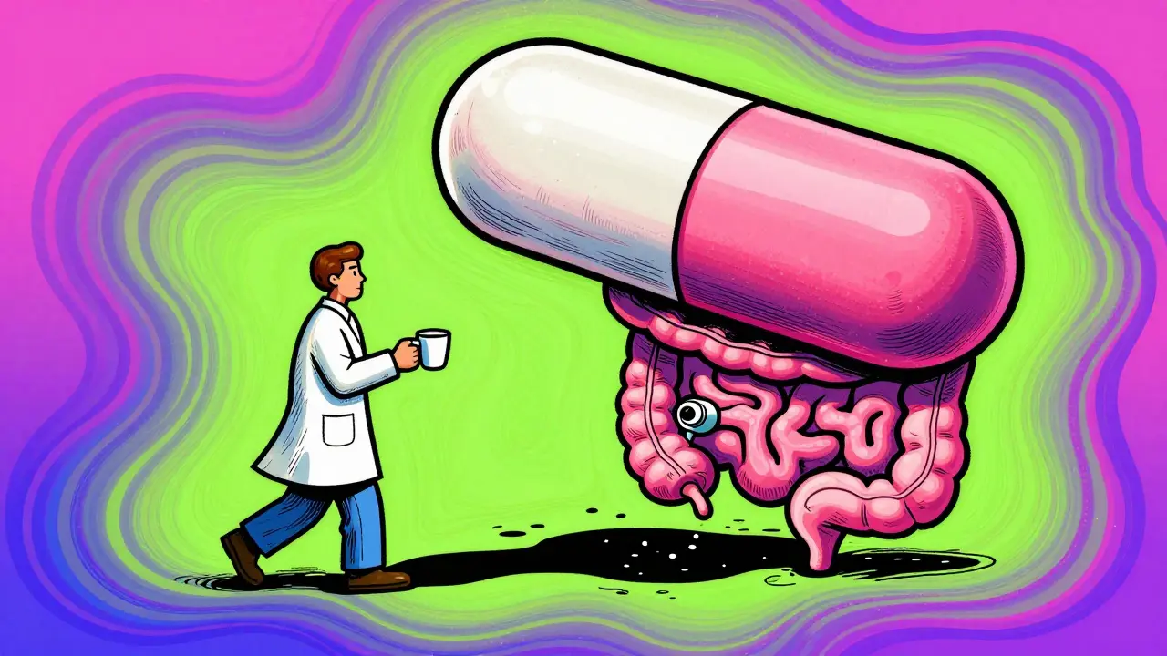 A patient overshadowed by a giant ibuprofen tablet with endoscope and tarry stool imagery.