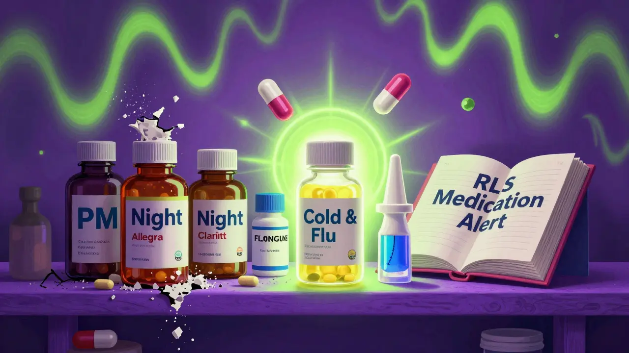 A pharmacy shelf where risky meds crumble while safe alternatives glow, surrounded by melatonin and an alert book.