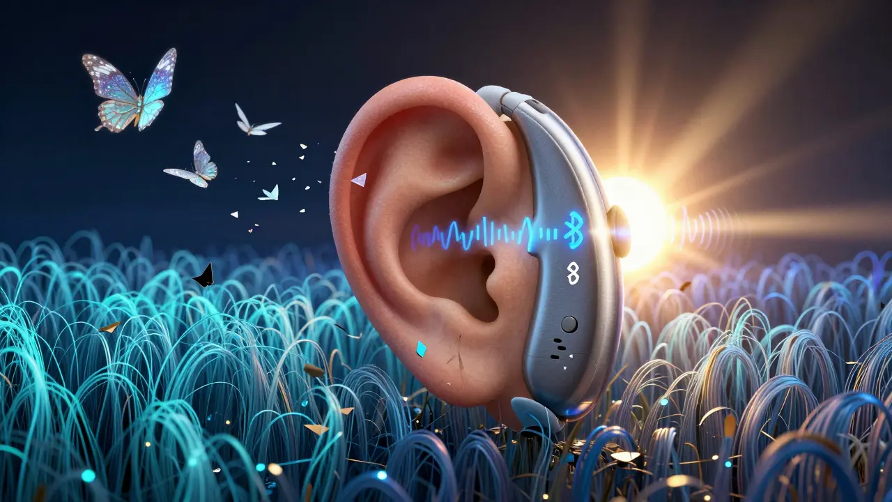 A psychedelic inner ear with fading hair cells and a glowing hearing aid restoring sound clarity.
