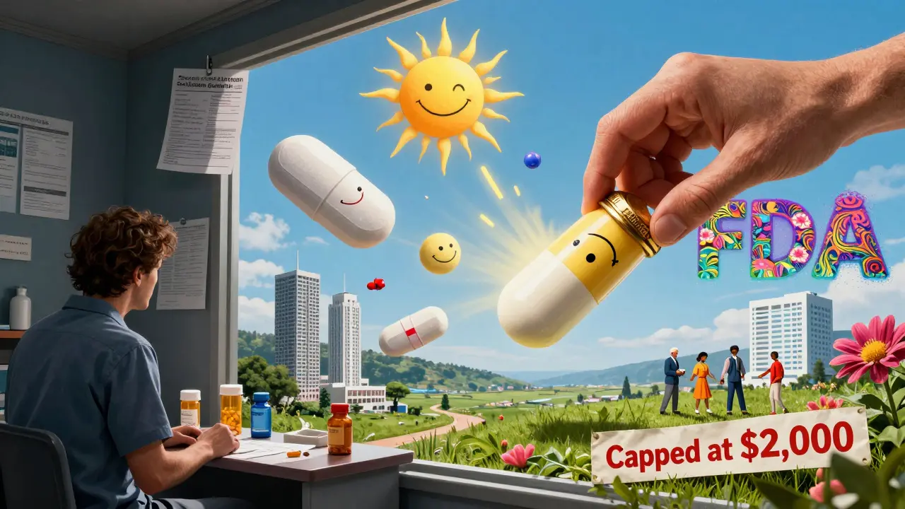 A psychedelic journey from financial stress to health and savings, with giant generic pills radiating positive outcomes.