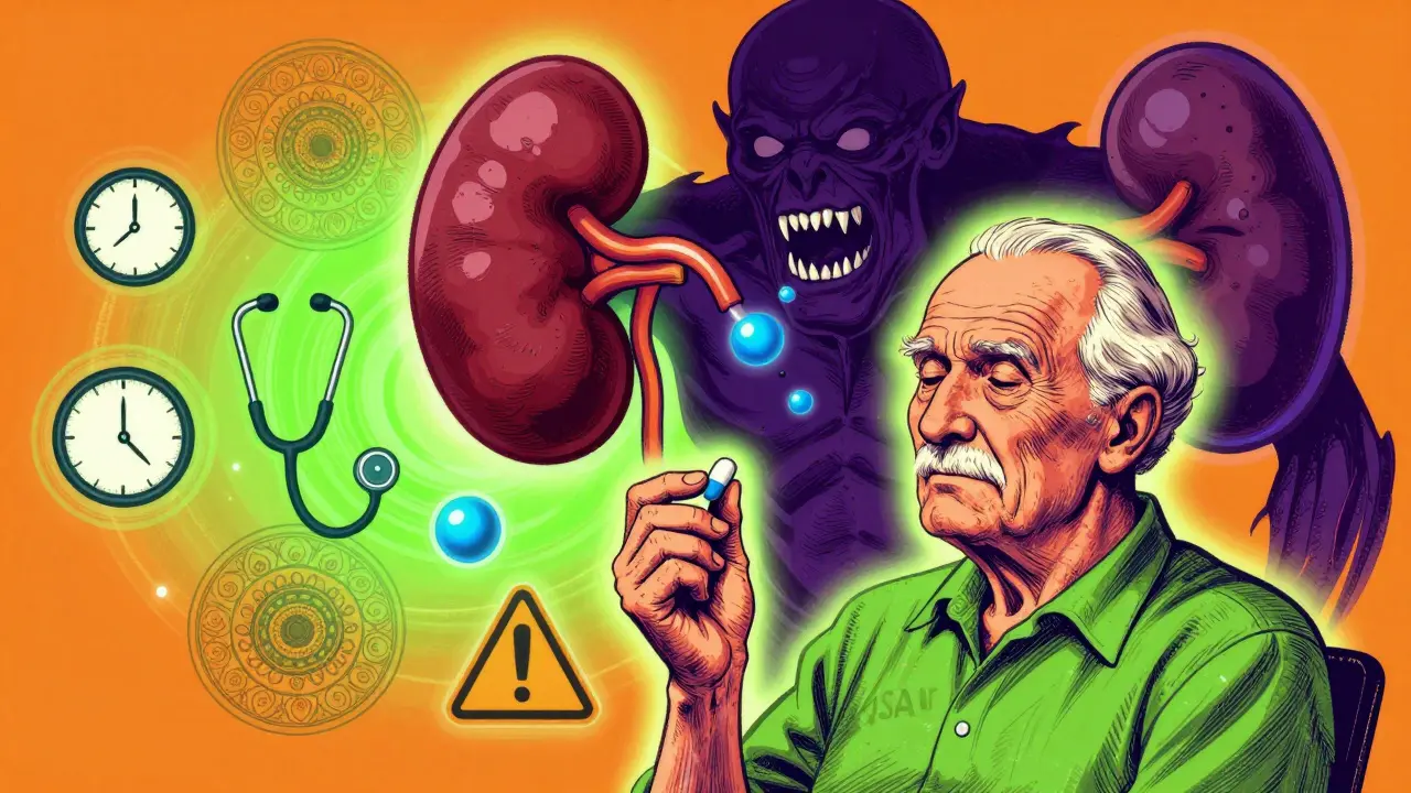 An elderly person holding an NSAID pill as a monstrous kidney looms behind in vibrant psychedelic colors.