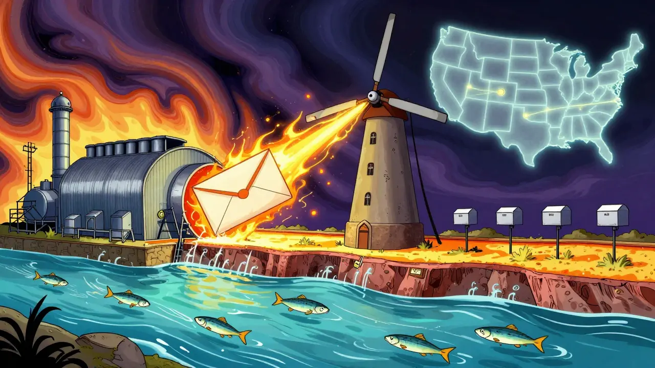 An incineration facility turning medication into energy, with clean water and fish below, symbolizing environmental safety.