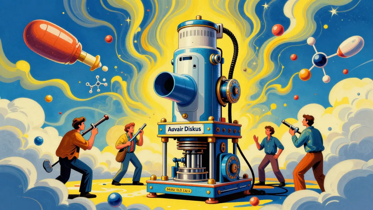 An intricate inhaler device towered over by generic manufacturers struggling to copy it.