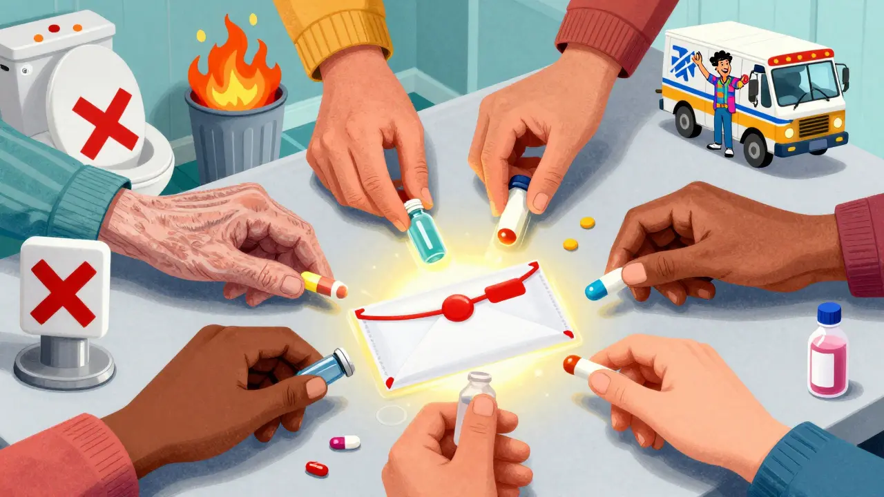 Diverse hands placing medications into a mail-back envelope while flushed pills and trash cans are marked with Xs.