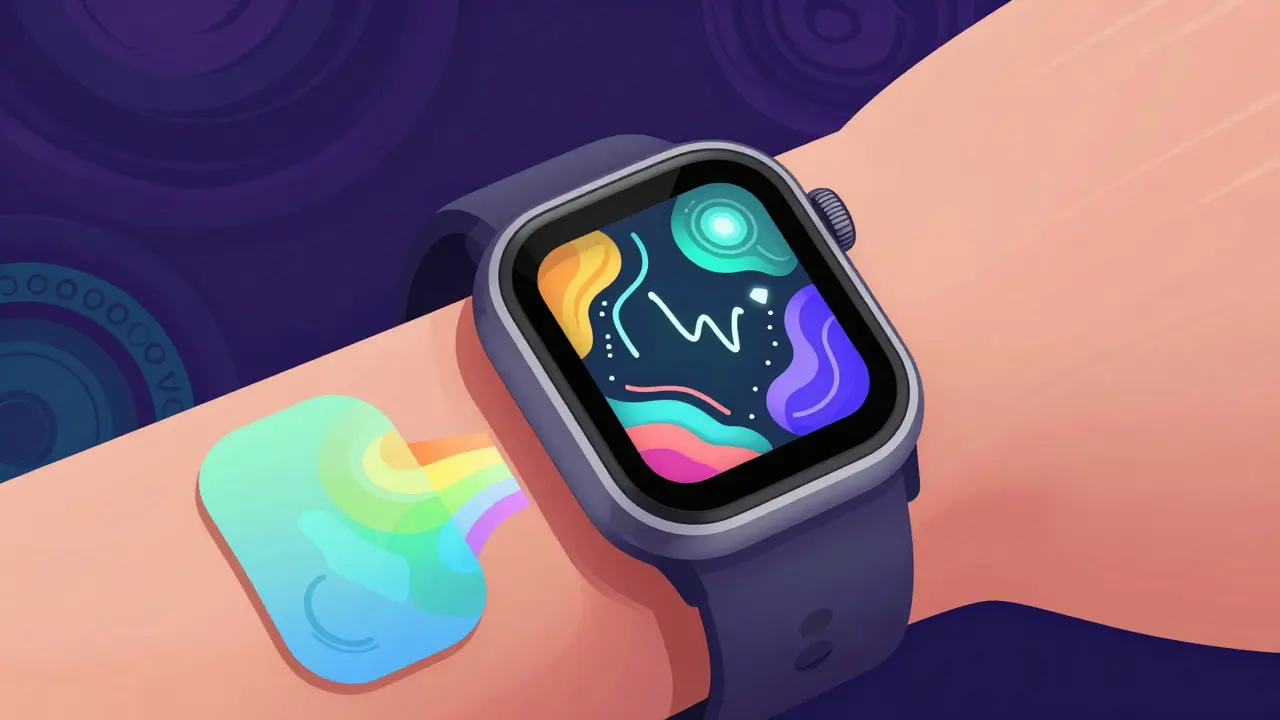 Futuristic smartwatch with glucose monitoring in flowing psychedelic patterns and energy waves.