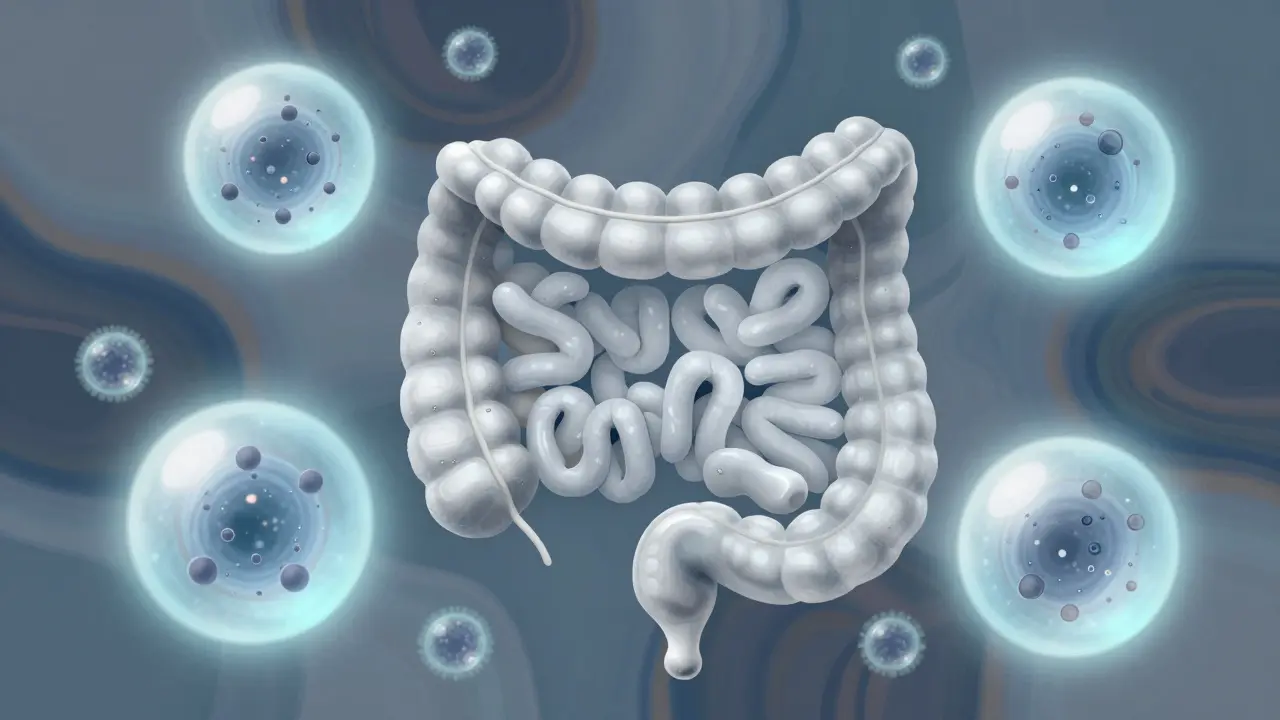 Glowing orbs neutralizing inflammation in a healthy gut illustration