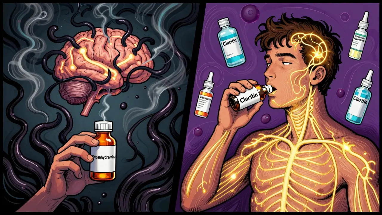 One side shows dark dopamine blockage from Benadryl; the other shows clear pathways from Claritin and nasal sprays.