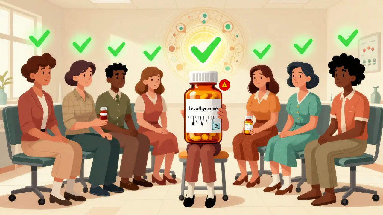 Patients holding pill bottles with glowing checkmarks, one with a warning symbol above thyroid medication and a fluctuating hormone meter.