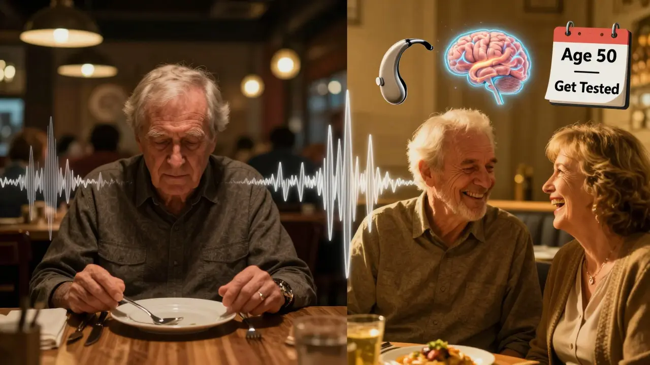 Split scene: isolated older adult vs. same person connected to loved one through clear sound waves and hearing aid.