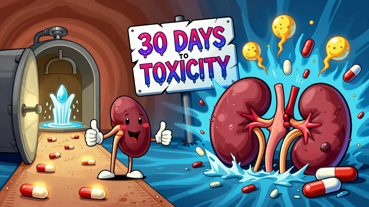 Split scene: safe kidney with acetaminophen on one side, collapsing kidney under NSAID boulder on the other.