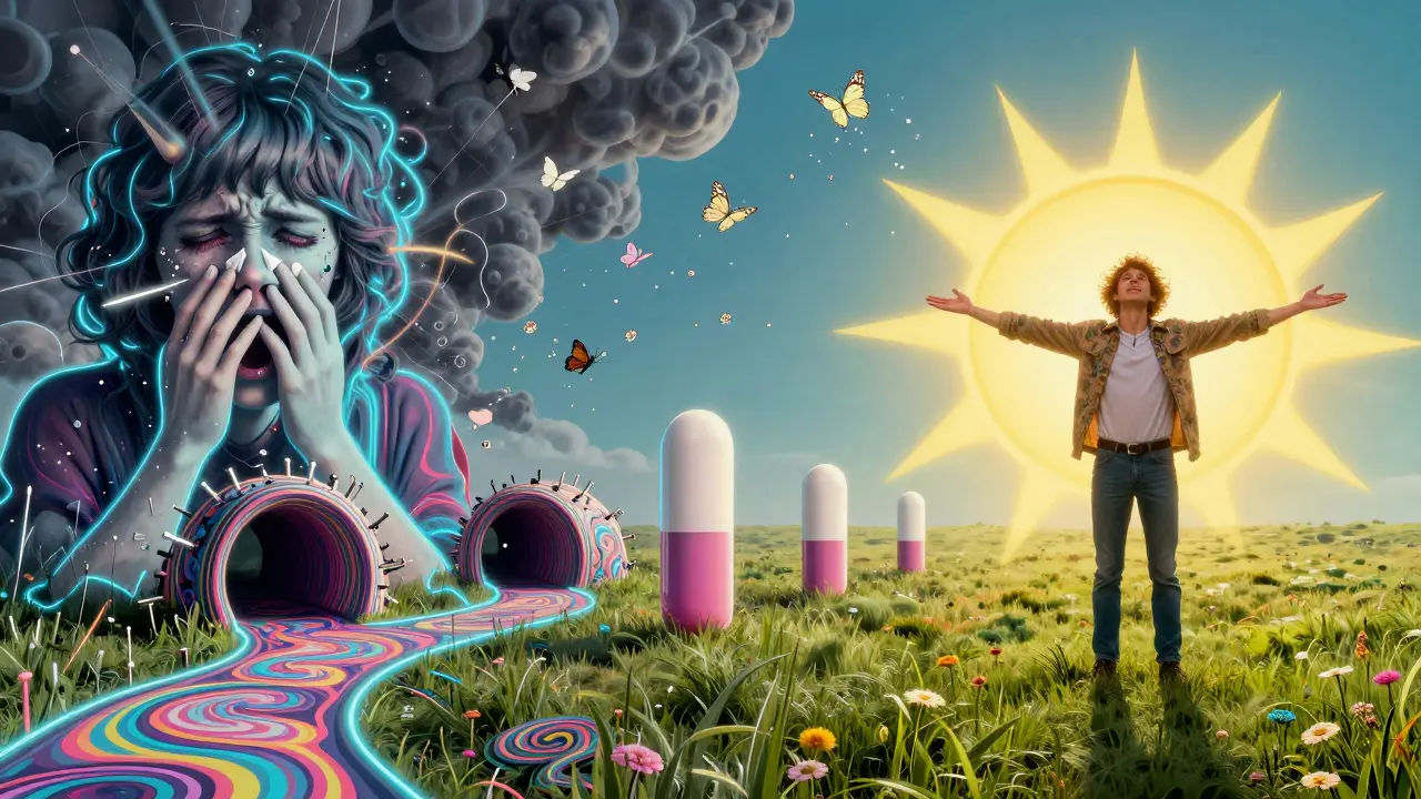 A 5-year journey from allergy symptoms to freedom, depicted as a surreal path ending in a sunlit meadow with pollen turning into butterflies.