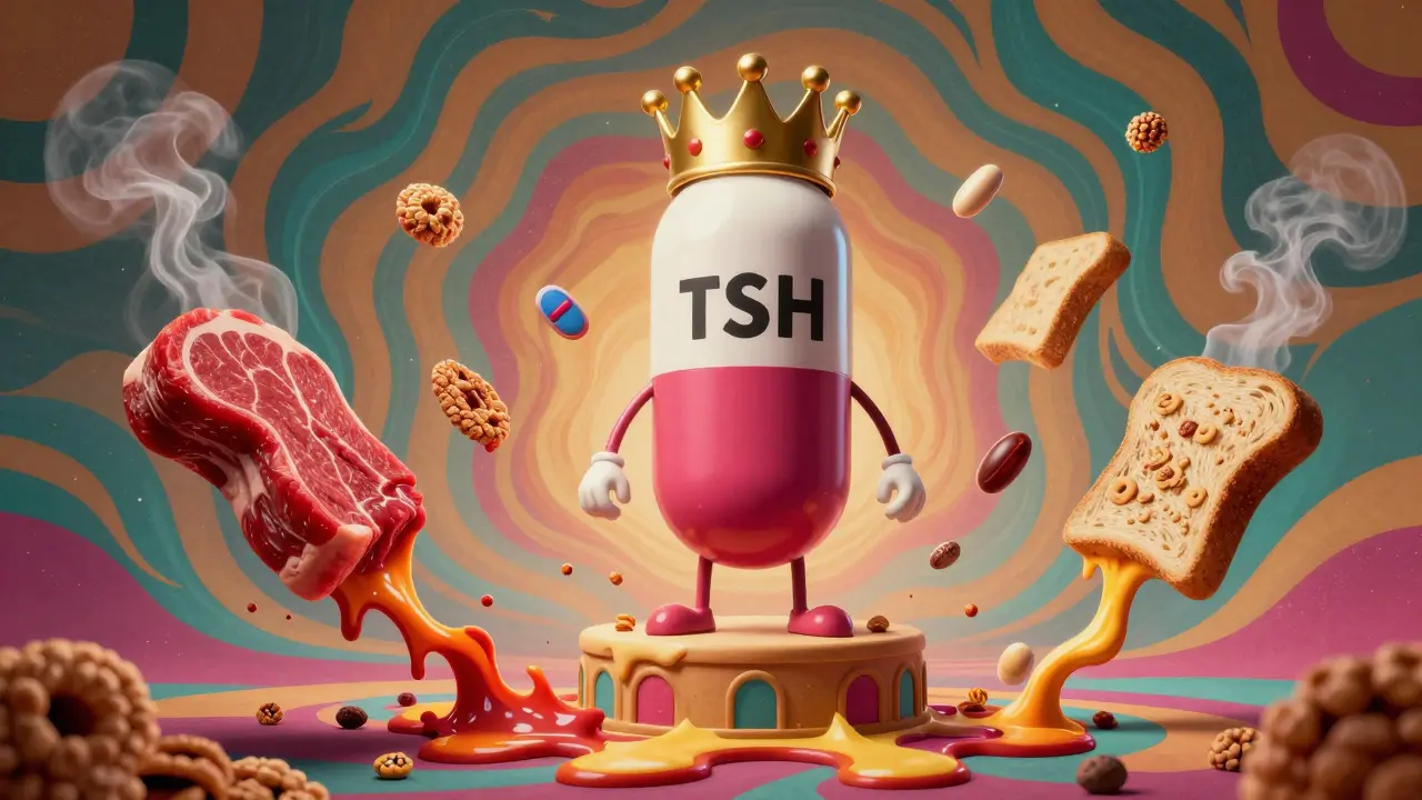 A crowned thyroid pill standing tall as iron-rich foods melt away in swirling psychedelic forms.