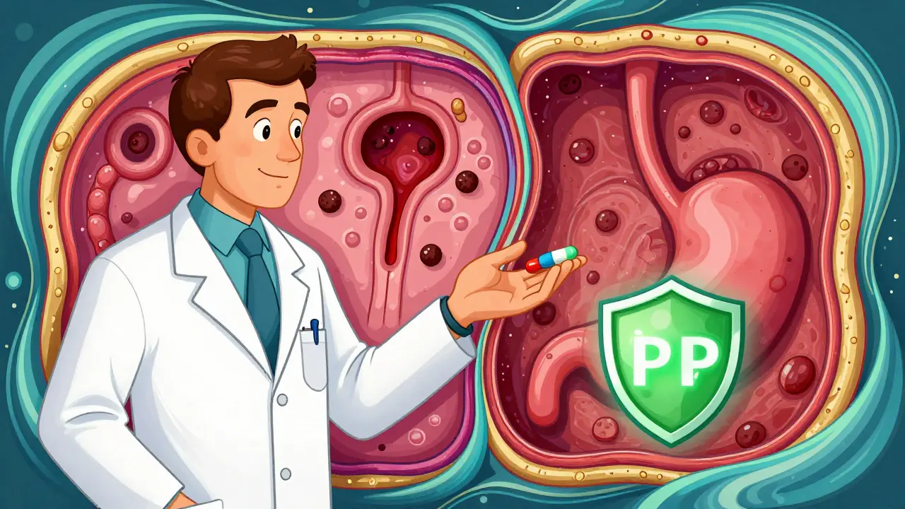 A doctor giving a protective combo pill, with healthy vs. damaged stomach sides shown in vibrant psychedelic style.